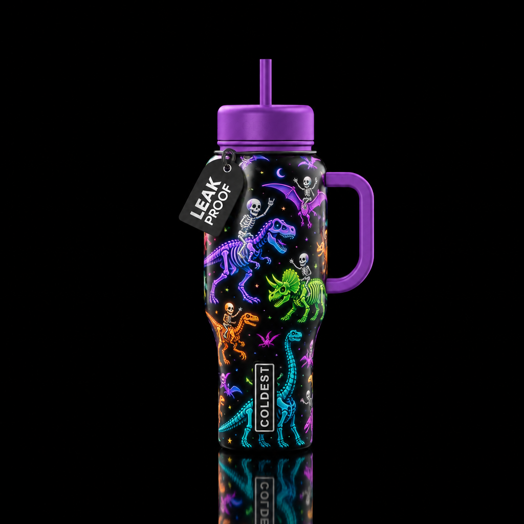 Skellies riding different skeleton dinosaurs all o... water bottle design