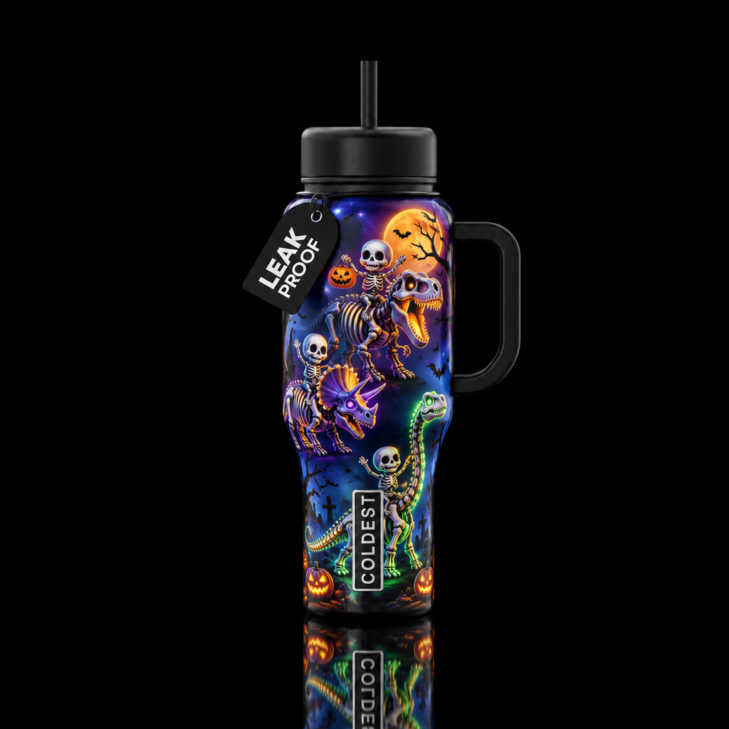 Dino skelie trick or treat water bottle design