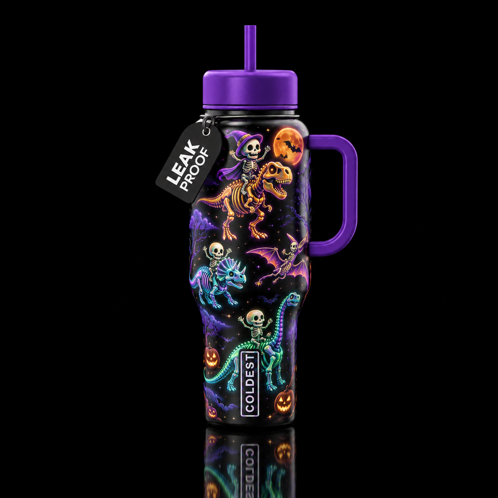 Dino skelie trick or treat water bottle design