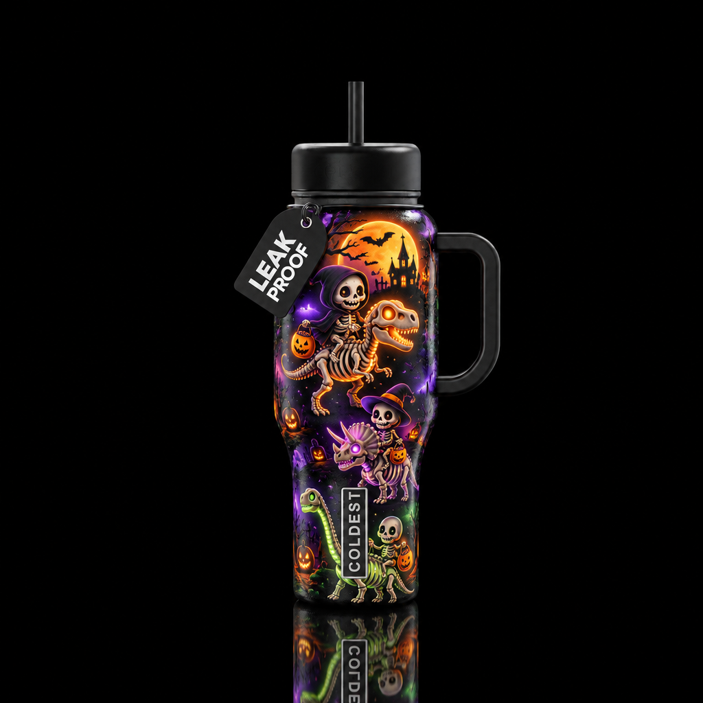 Skelie dino trick or treat water bottle design