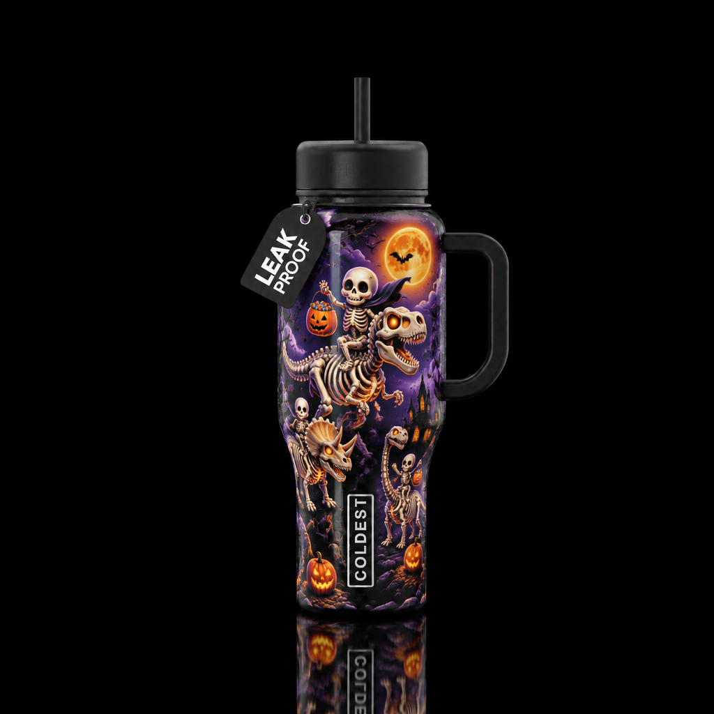 Skelie trick or treat dino water bottle design