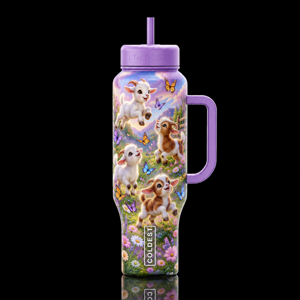 Cartoon goats and butterflies water bottle design