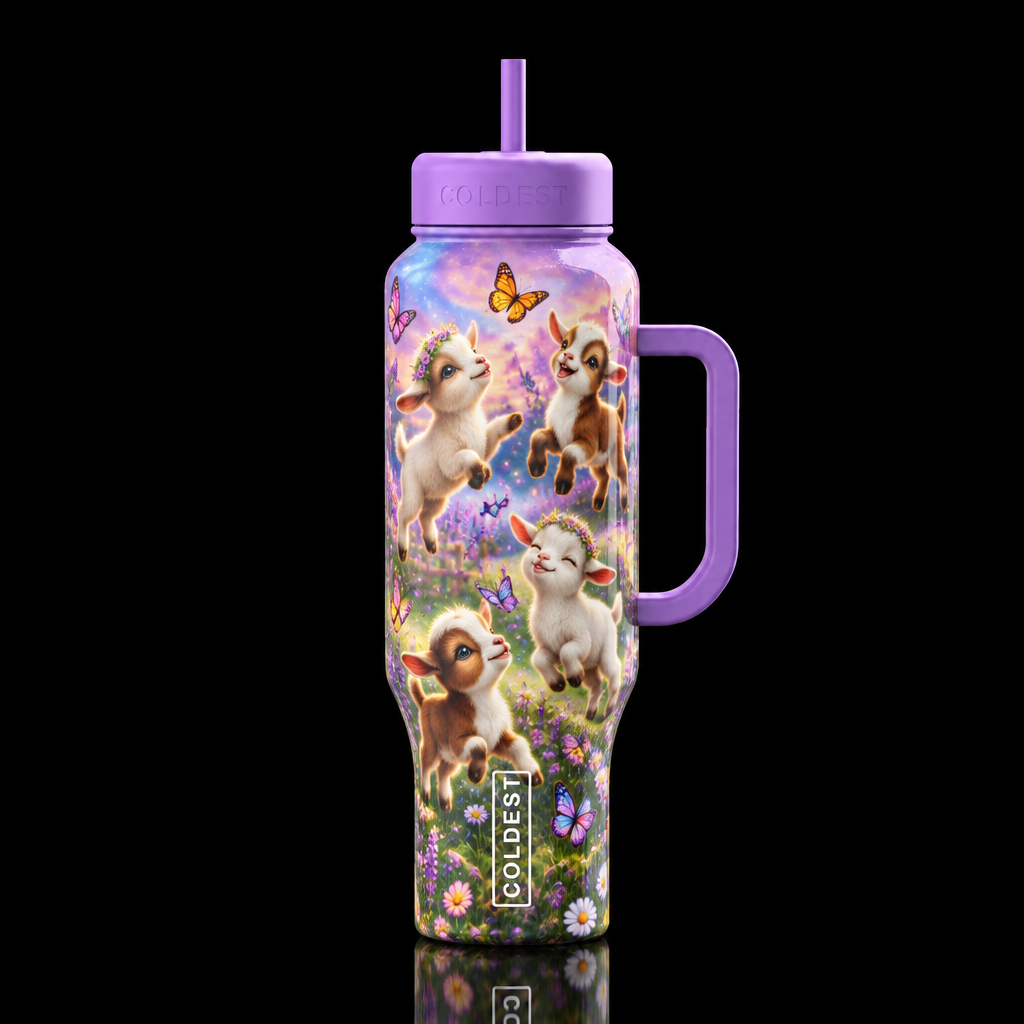 Cartoon goats and butterflies water bottle design