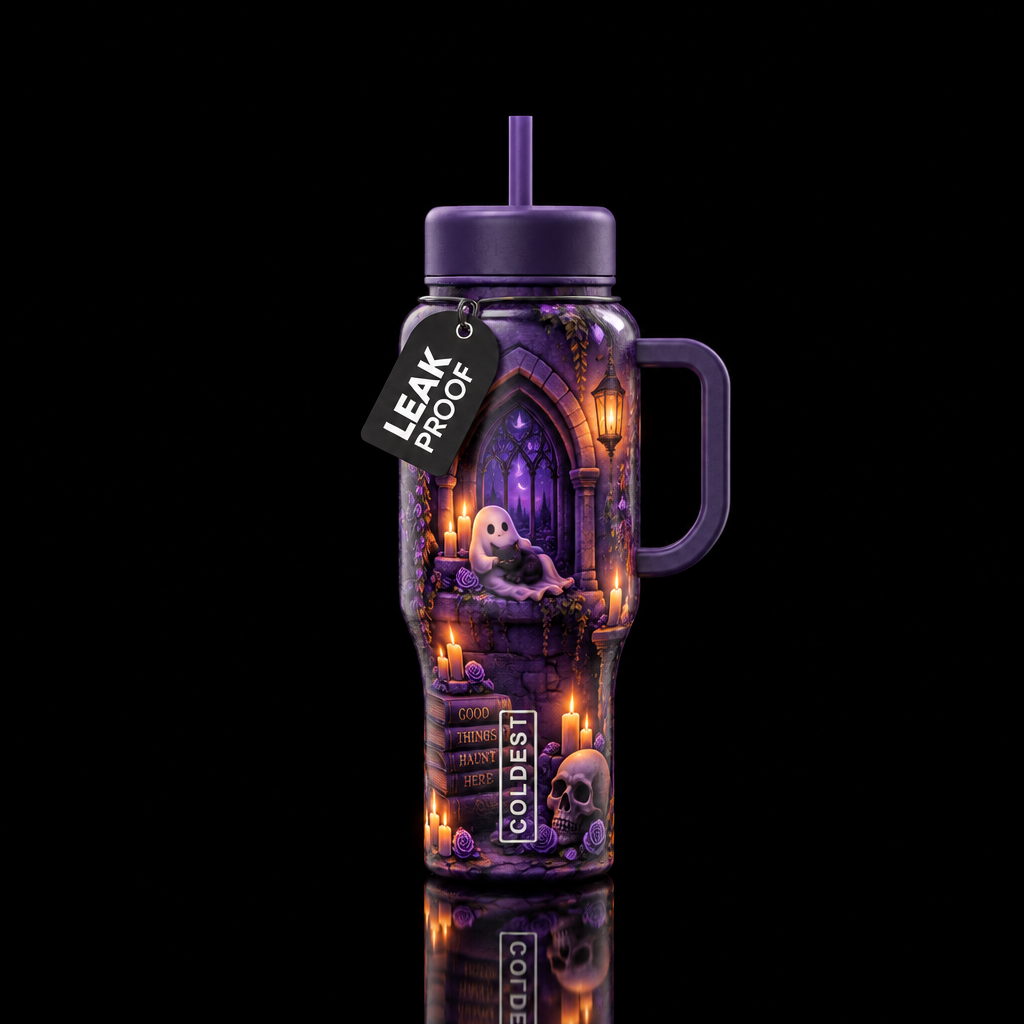 Cuddling ghost in crypt water bottle design