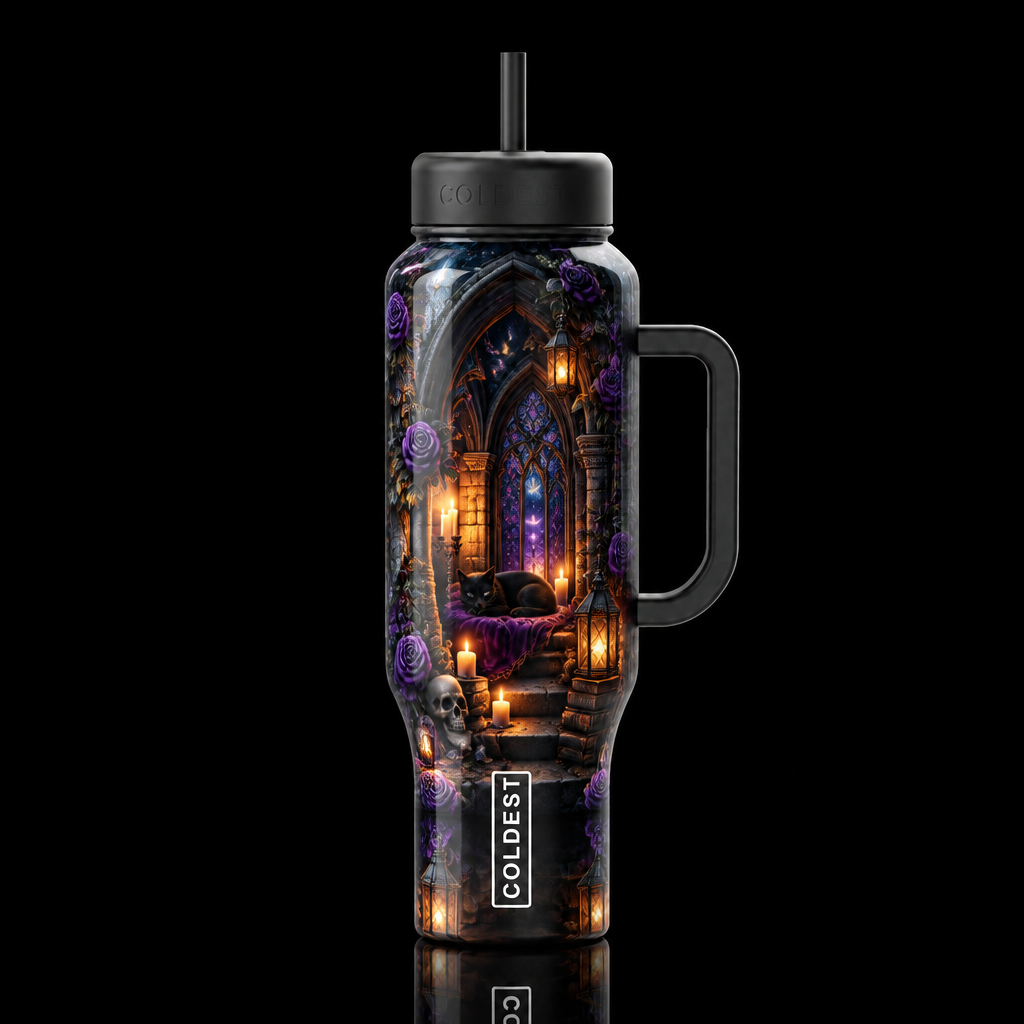 Cozy cat in Gothic crypt water bottle design