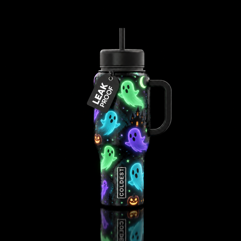 Glow in the dark ghosts, Halloween, whimsical, glo... water bottle design