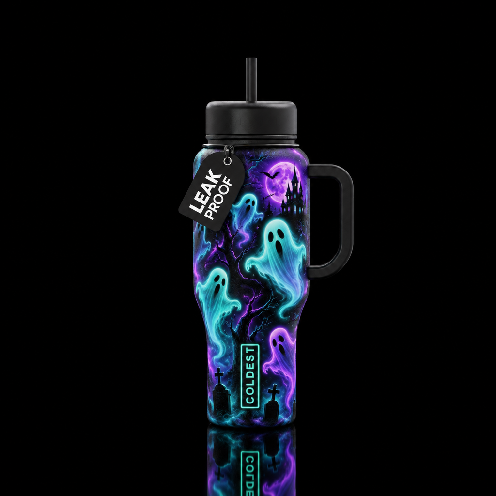 Neon glow ghosts water bottle design