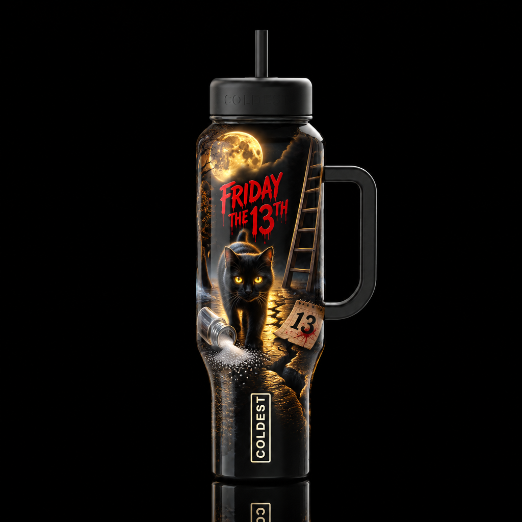 Friday the 13th myths, ladder, black cat, stepping... water bottle design