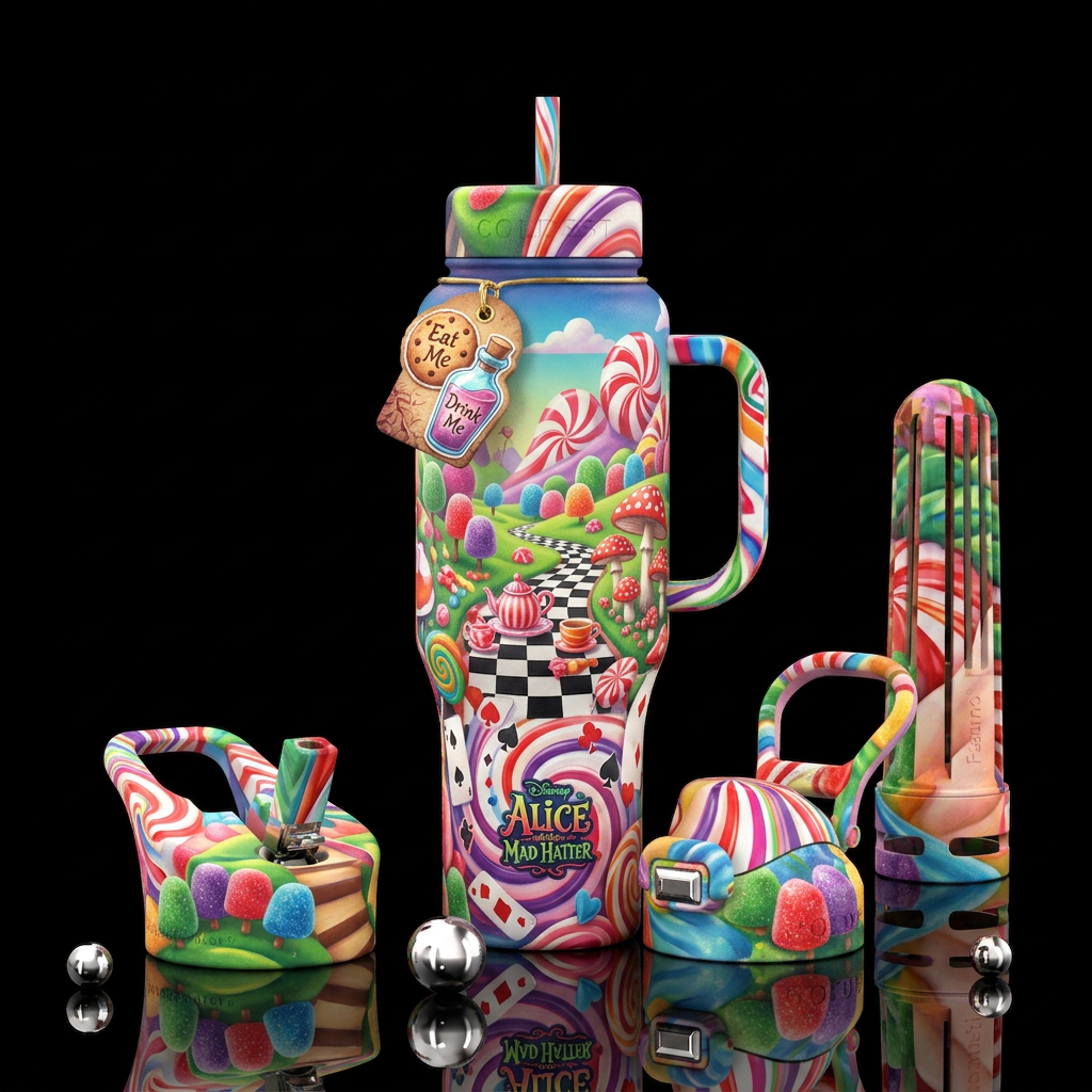 Alice in candy land water bottle design