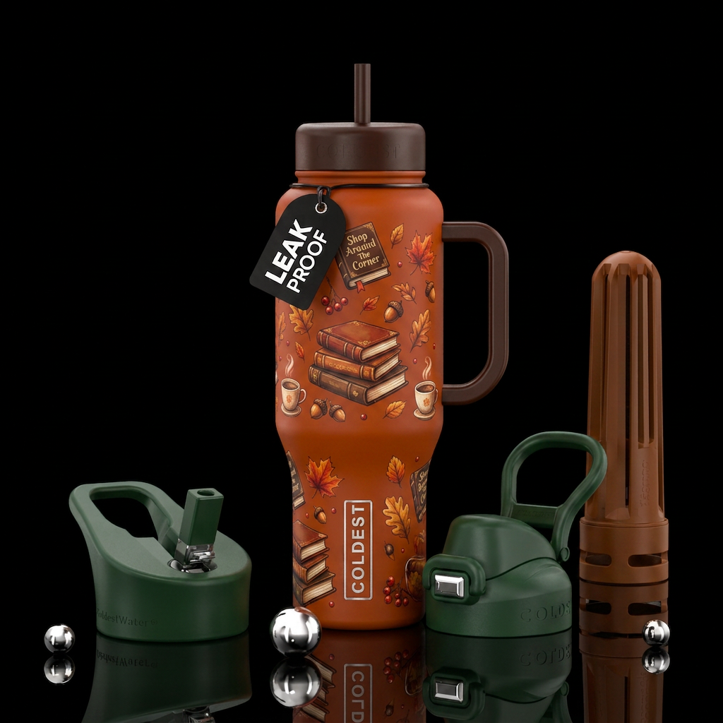 Autumn books and coffee water bottle design