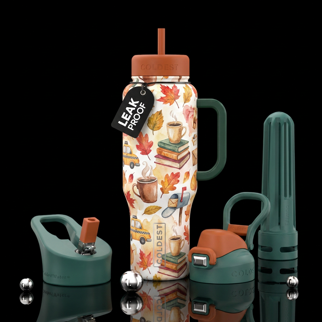 Autumn, coffee,  books water bottle design