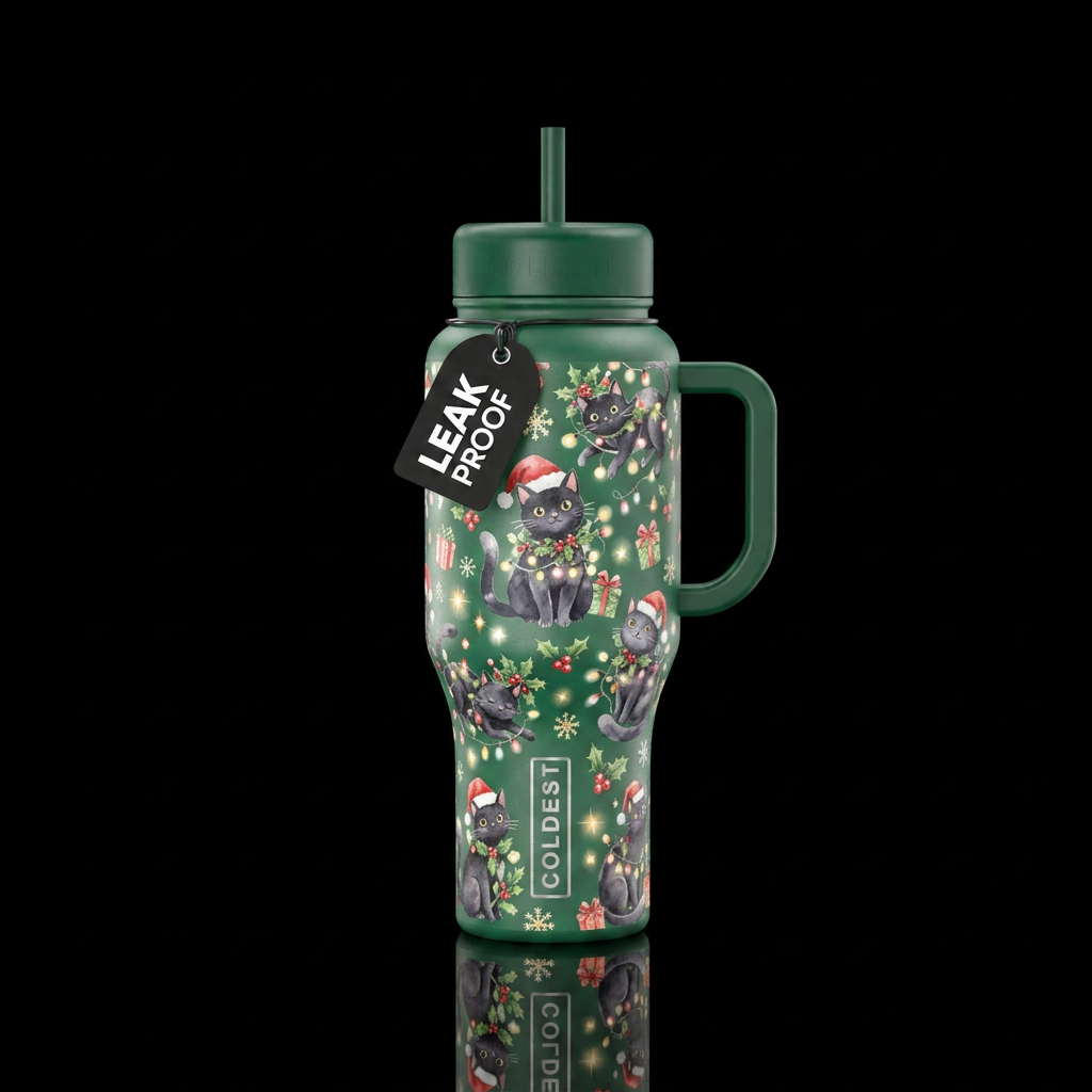 Holiday cats water bottle design