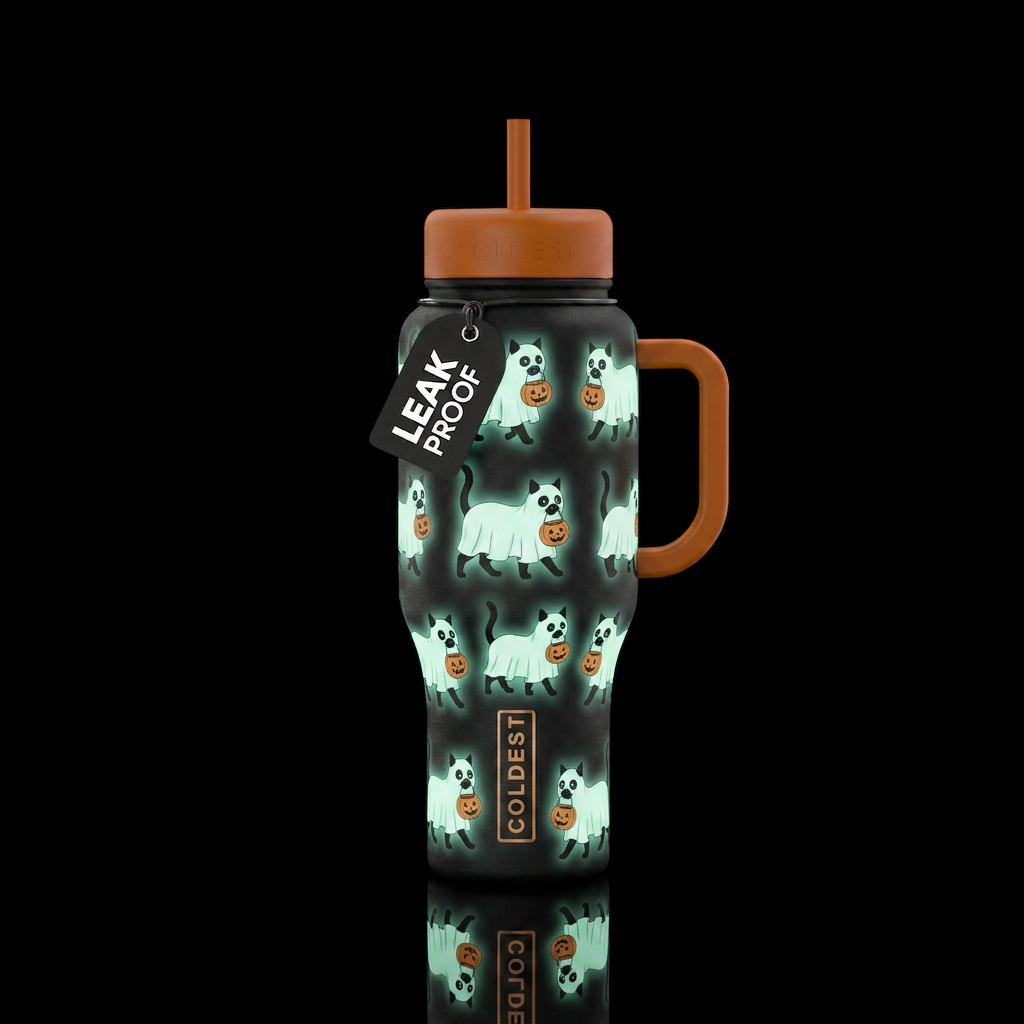 Glowie trick or meowboo water bottle design