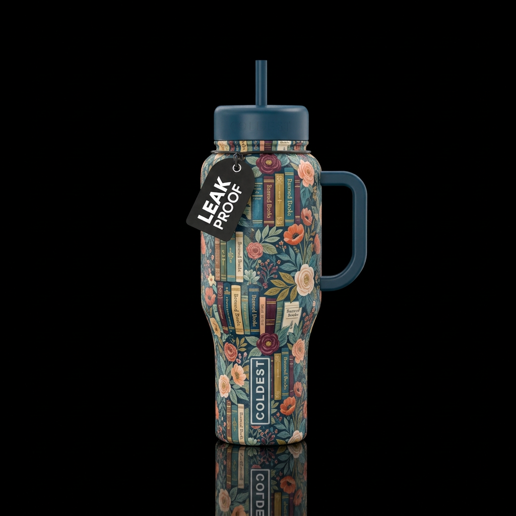 Banned books and florals water bottle design