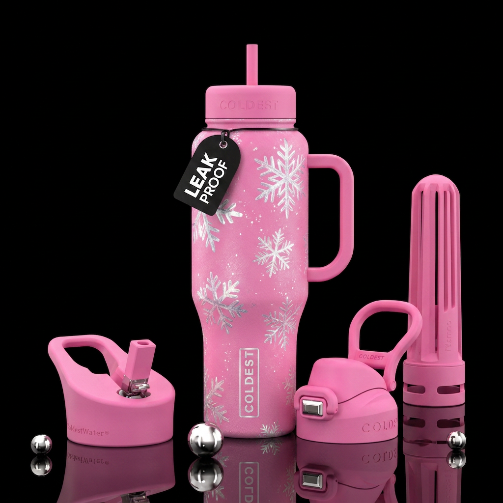 Snow, winter, pink water bottle design