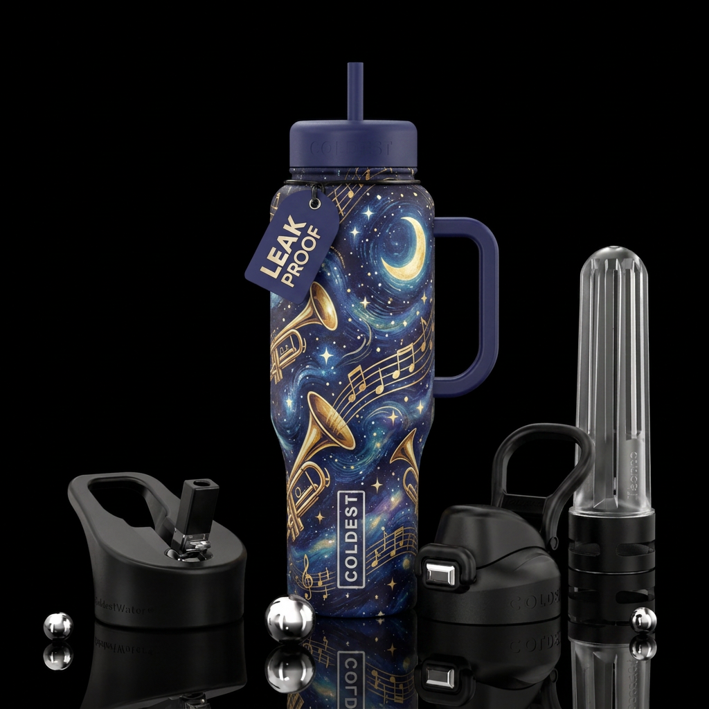 Trumpet, music, starry night water bottle design