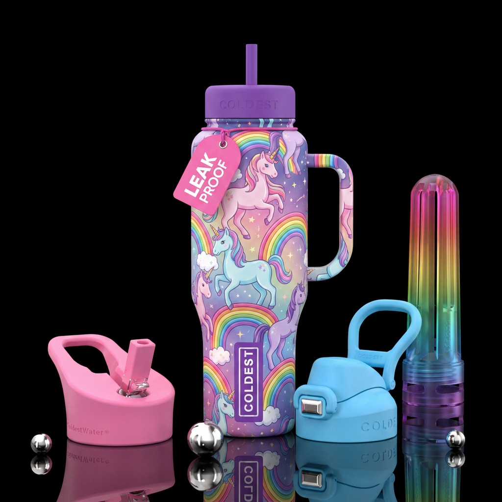 Unicorns, rainbows water bottle design