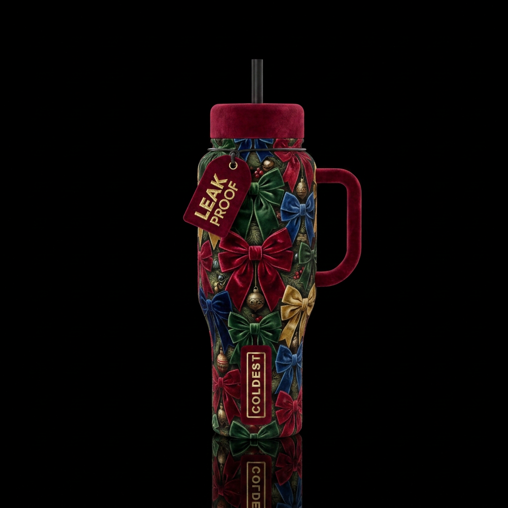 Vintage velvet Christmas bows water bottle design