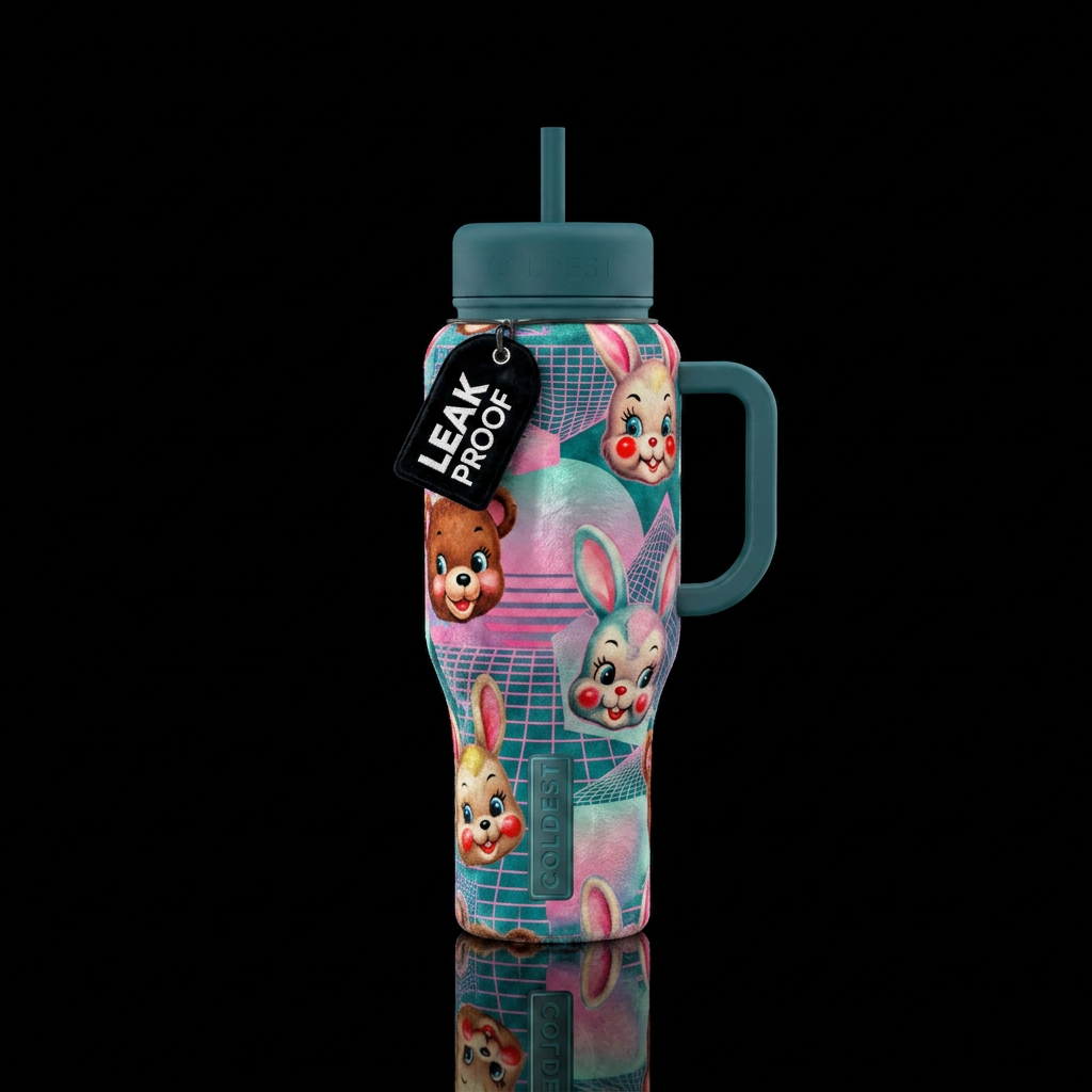 Vintage rubber face plush vaporwave velvet water bottle design