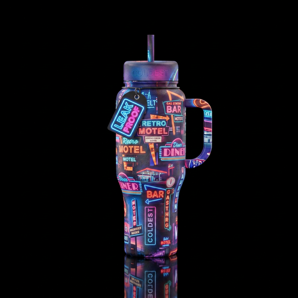 Vintage neon signs vibrant colorful water bottle design