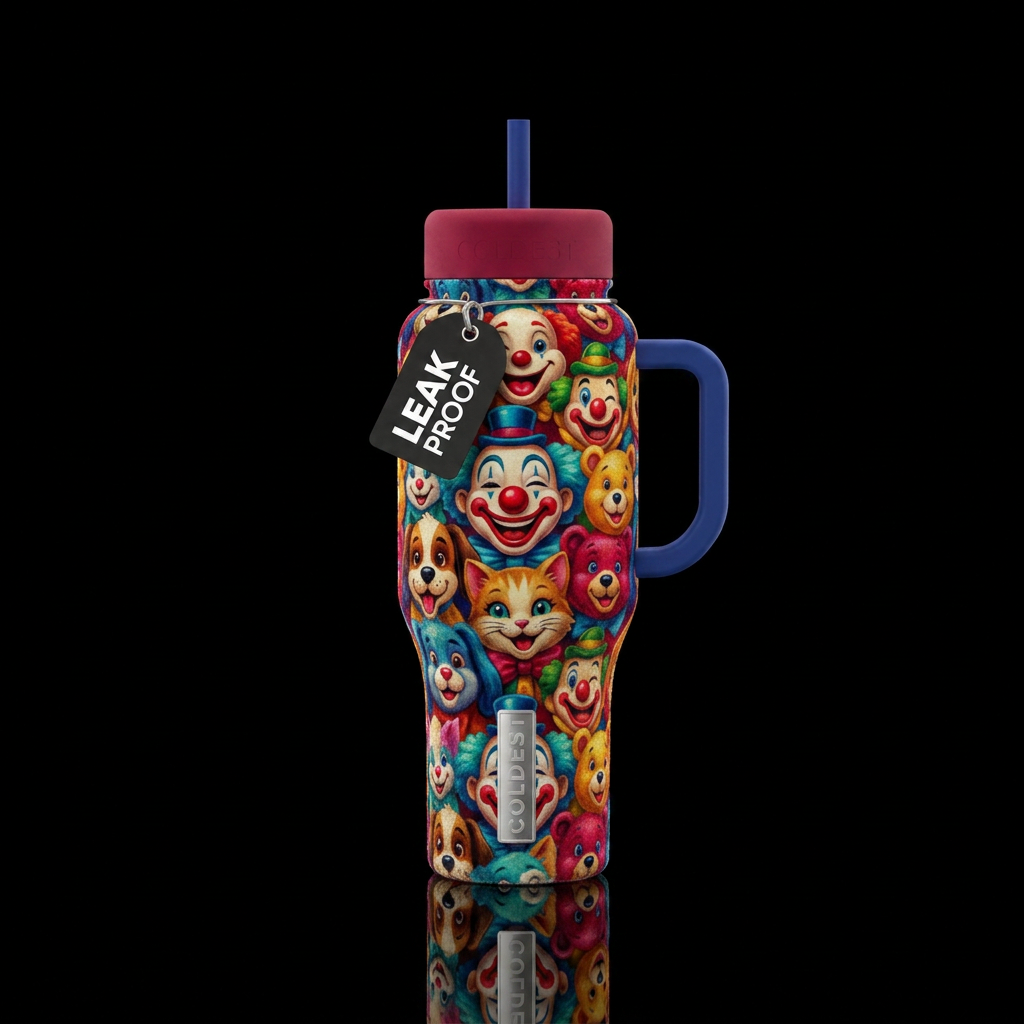 Vintage rubber face squeek vibrant colorful velvet water bottle design