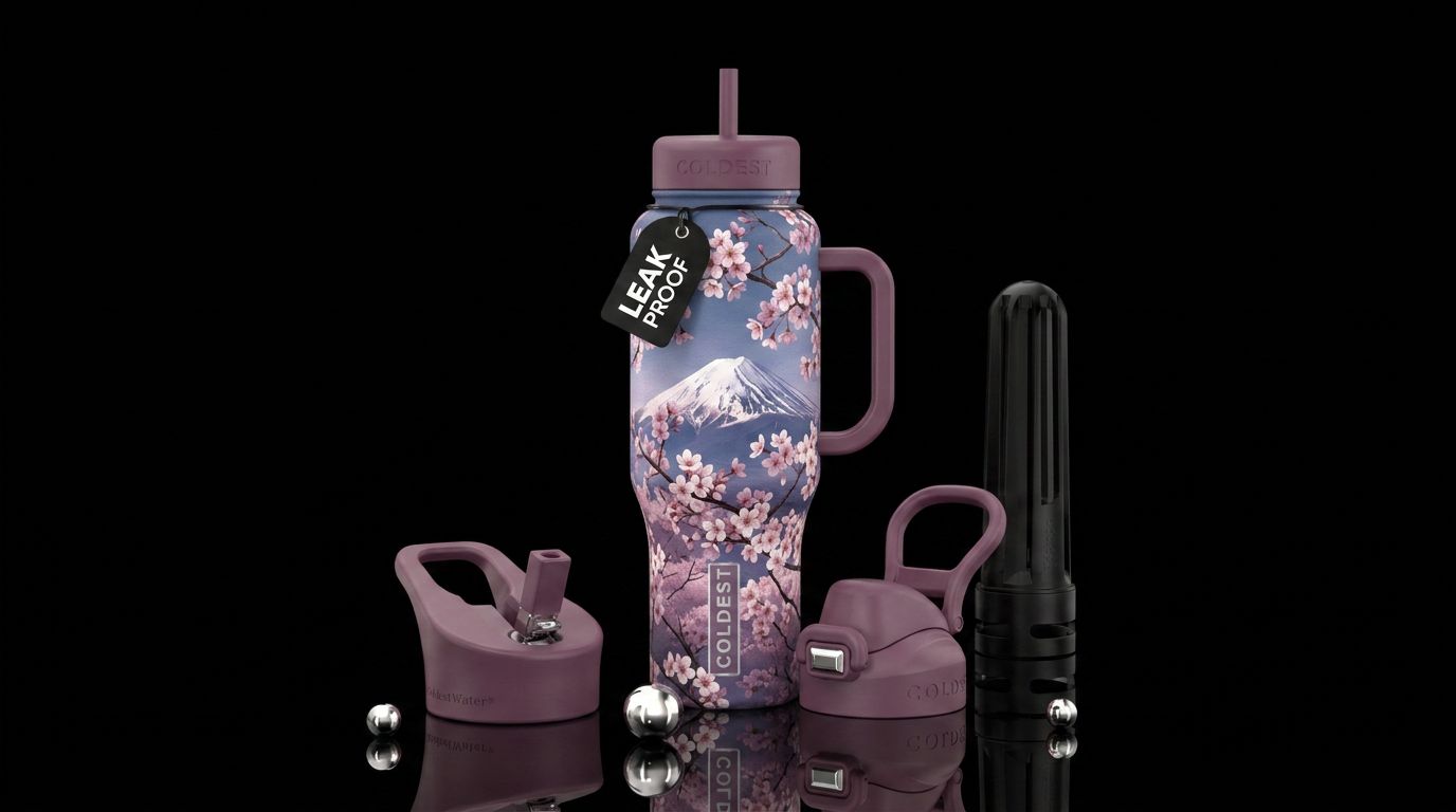 cherry blossoms with mt fuji in the background wit... water bottle design