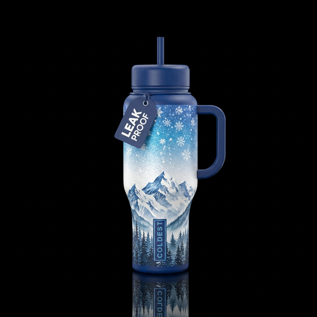 mountain with snow peaks and pine trees with a whi... water bottle design