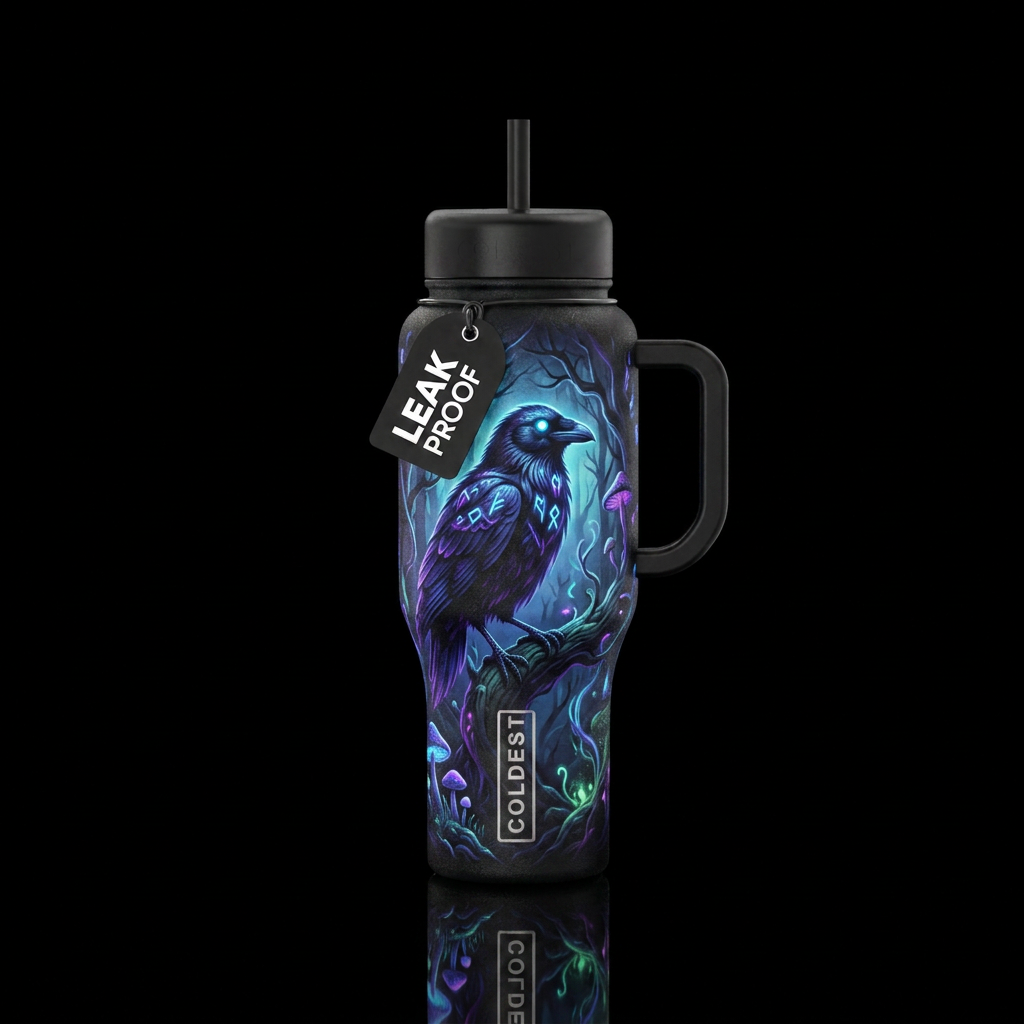 mythical, magical, glowie Matt Black,  raven, wood... water bottle design