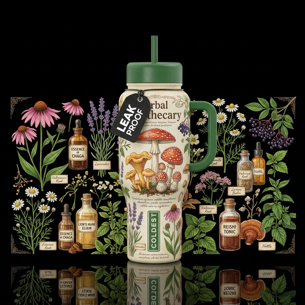 Herbal Apothecary, tiny mushrooms water bottle design