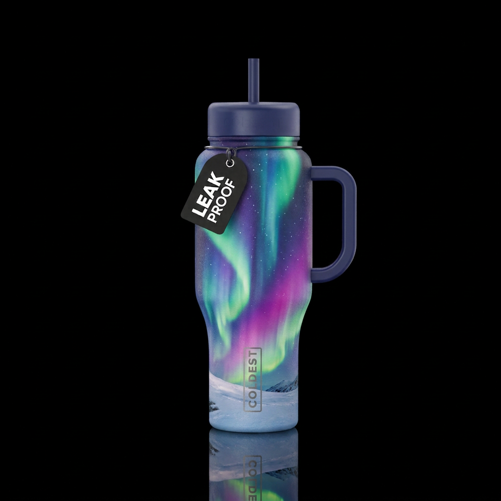 Glistening snowy northern lights water bottle design