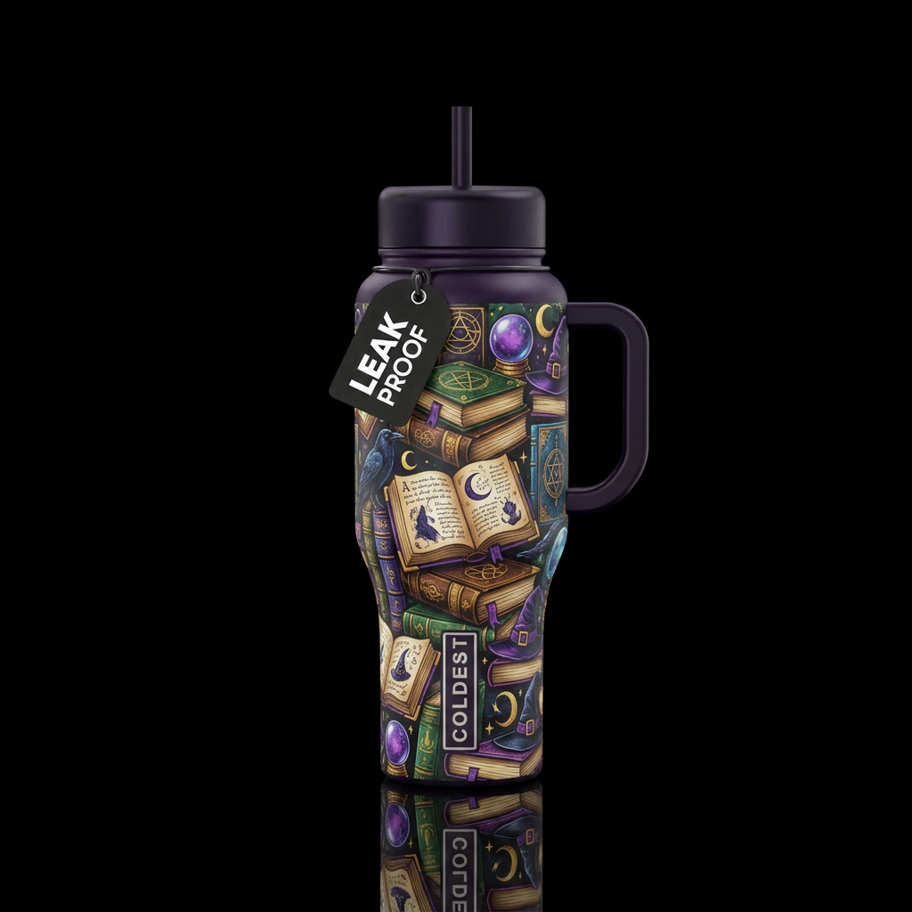 create a witch themed reading book water bottle design