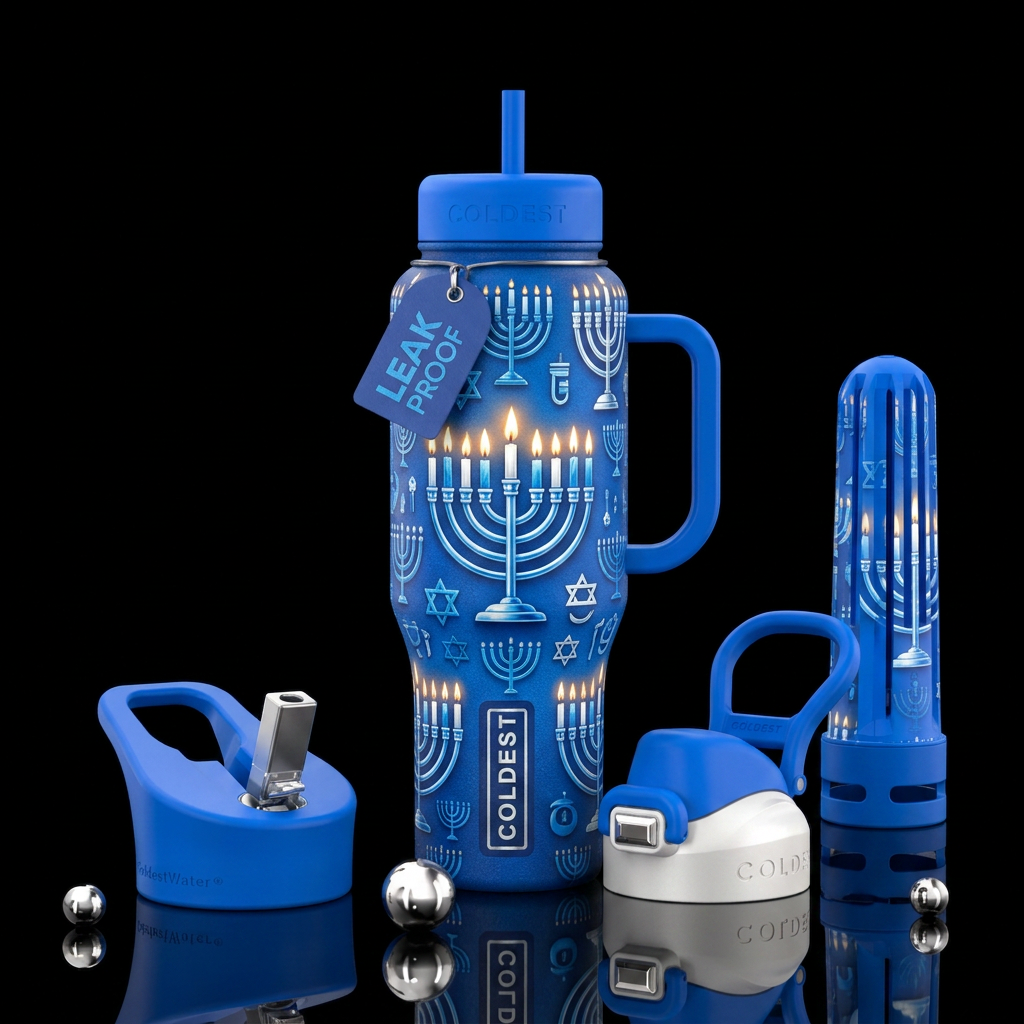 hanukkah, menorah, blue and white, fire on the can... water bottle design