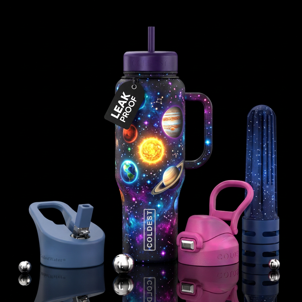 solar system with glowy stars water bottle design