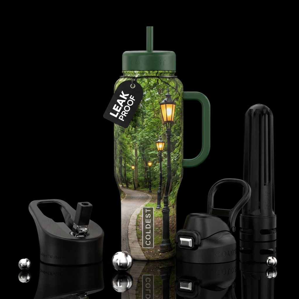 light posts on a wooded path water bottle design