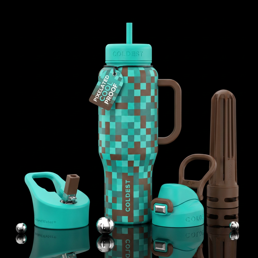 pixel teal and brown water bottle design