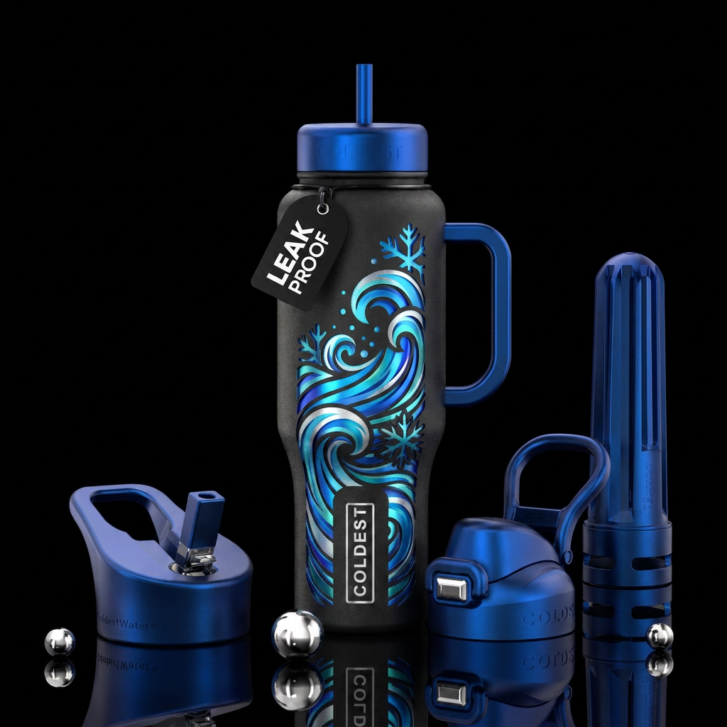 black cup with coldest logo cut out water bottle design