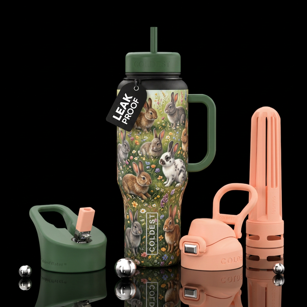 variety of bunnies in a field water bottle design