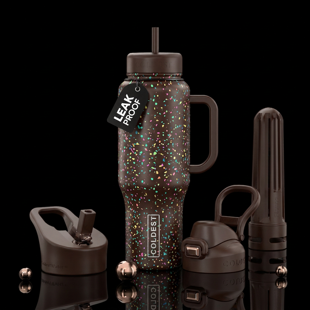 colorful speckles in a brown bottle water bottle design