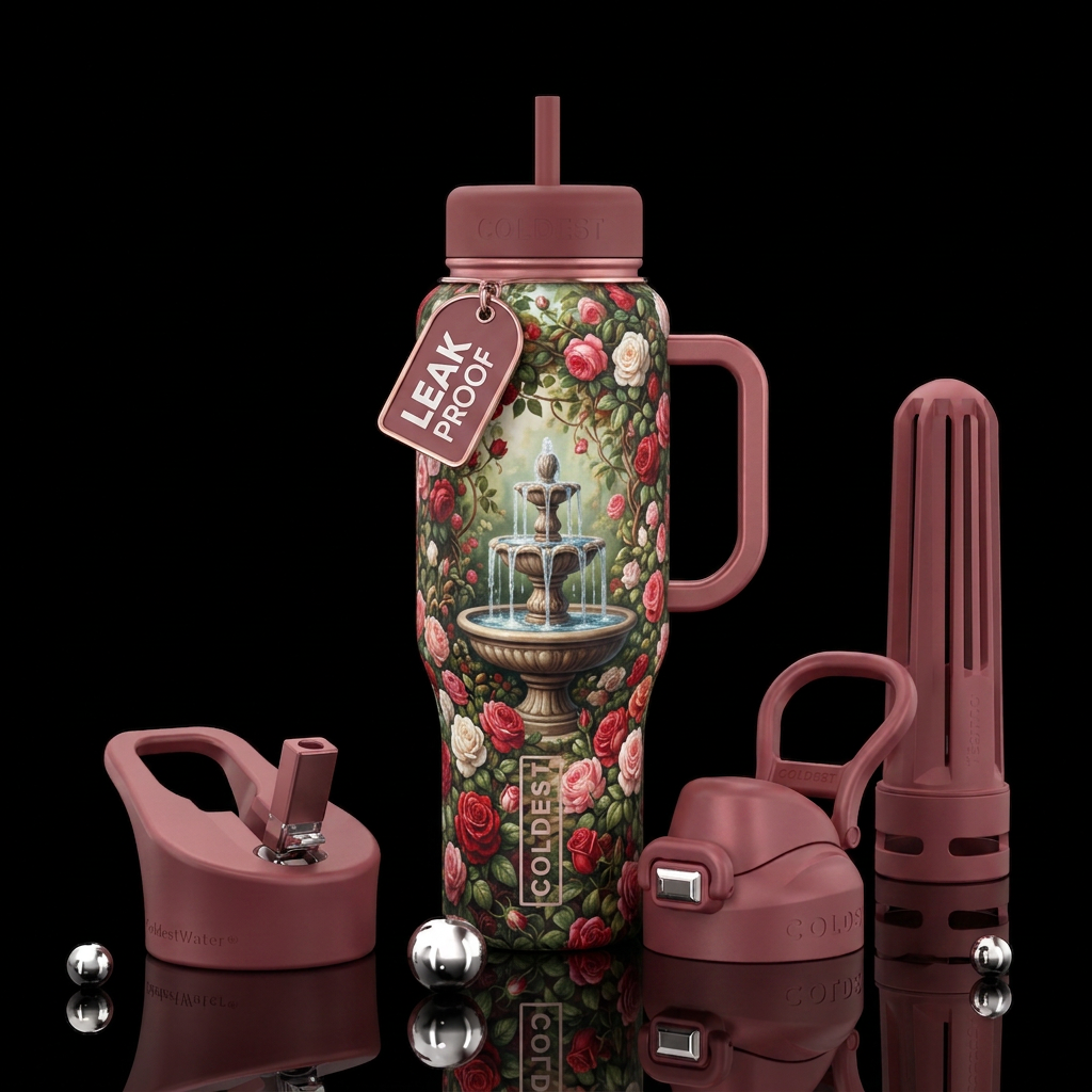 rose garden with a fountain in the middle water bottle design