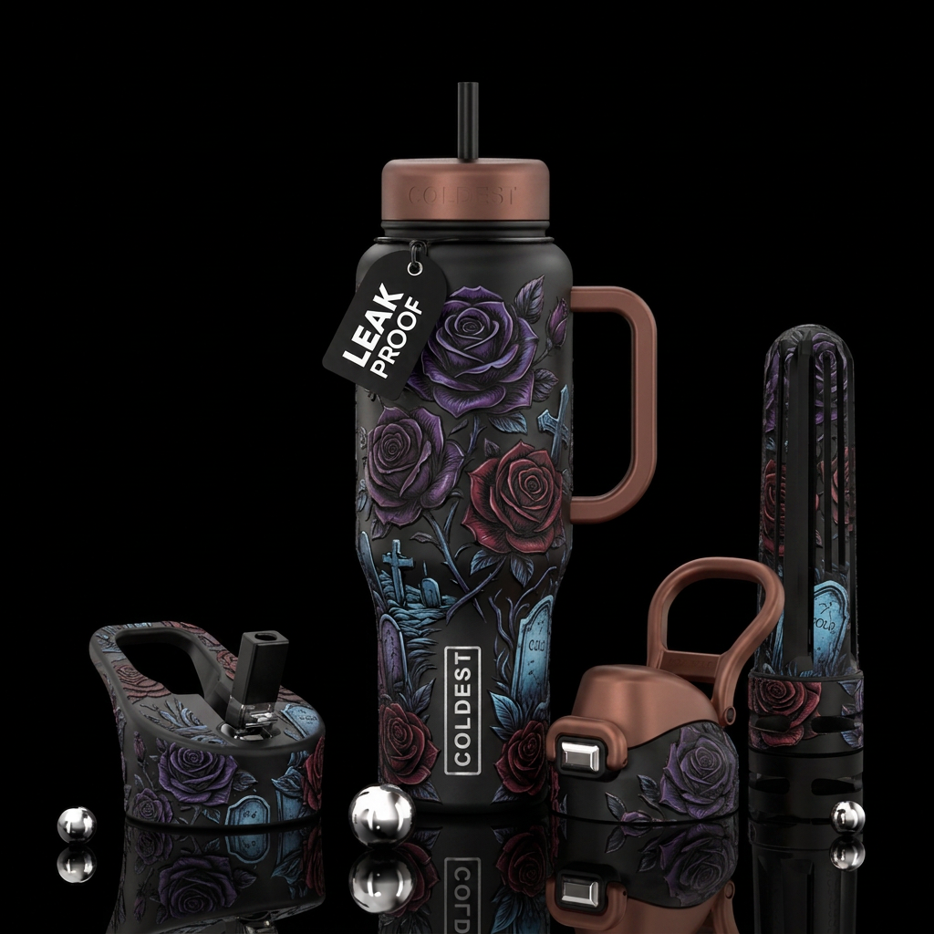 black roses surrounding a grave yard water bottle design