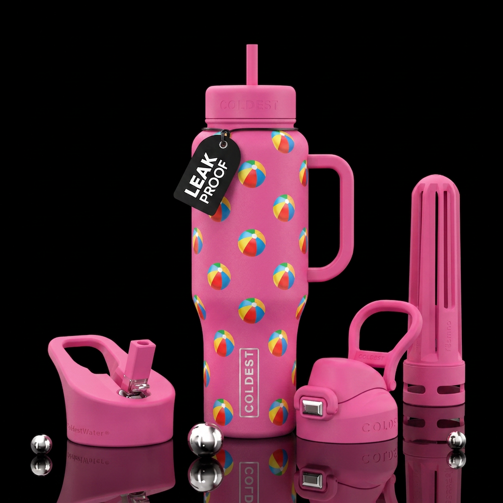 barbie pink color matte with beach balls water bottle design