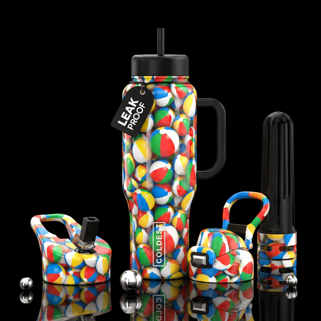 variety of sized  beach balls water bottle design