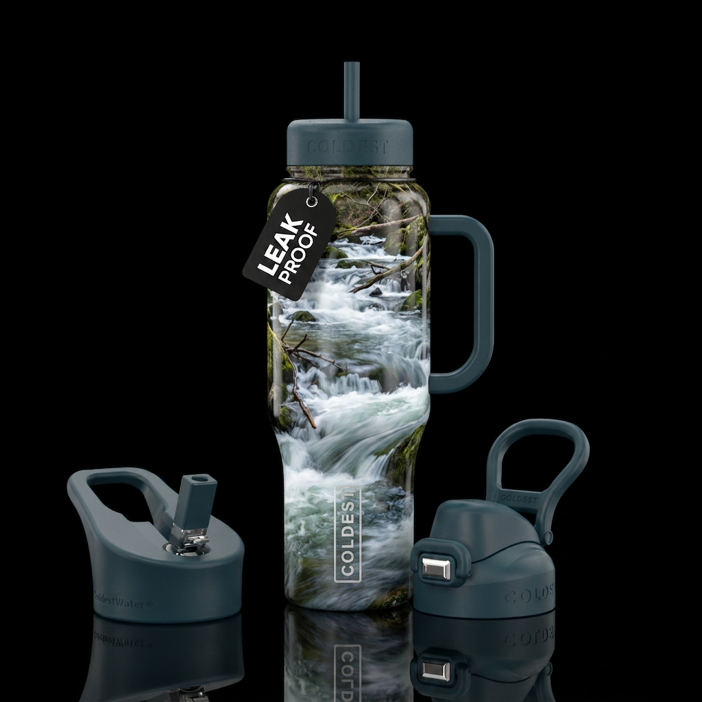 river flowing through rapids water bottle design