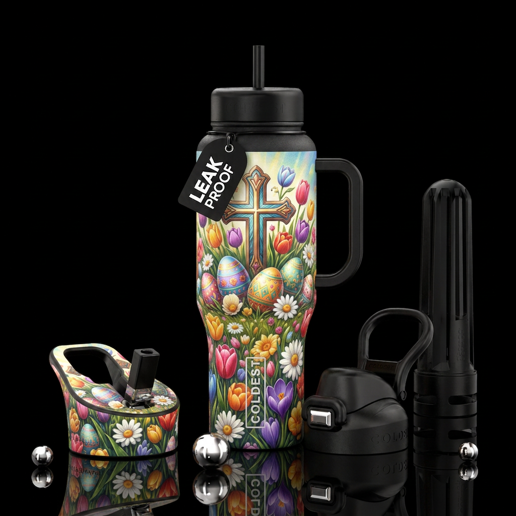 cross, easter eggs, in a field of flowers water bottle design
