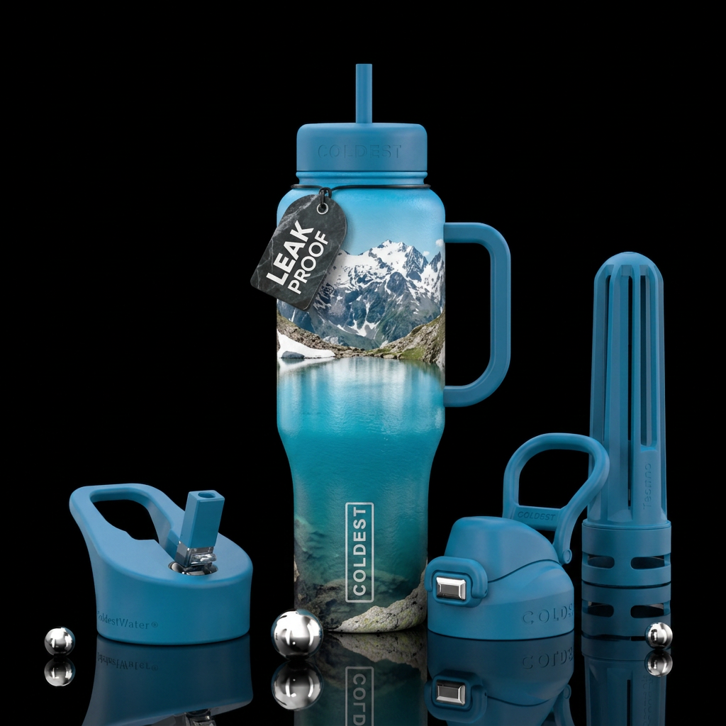 a pool of water in a mountain edge water bottle design