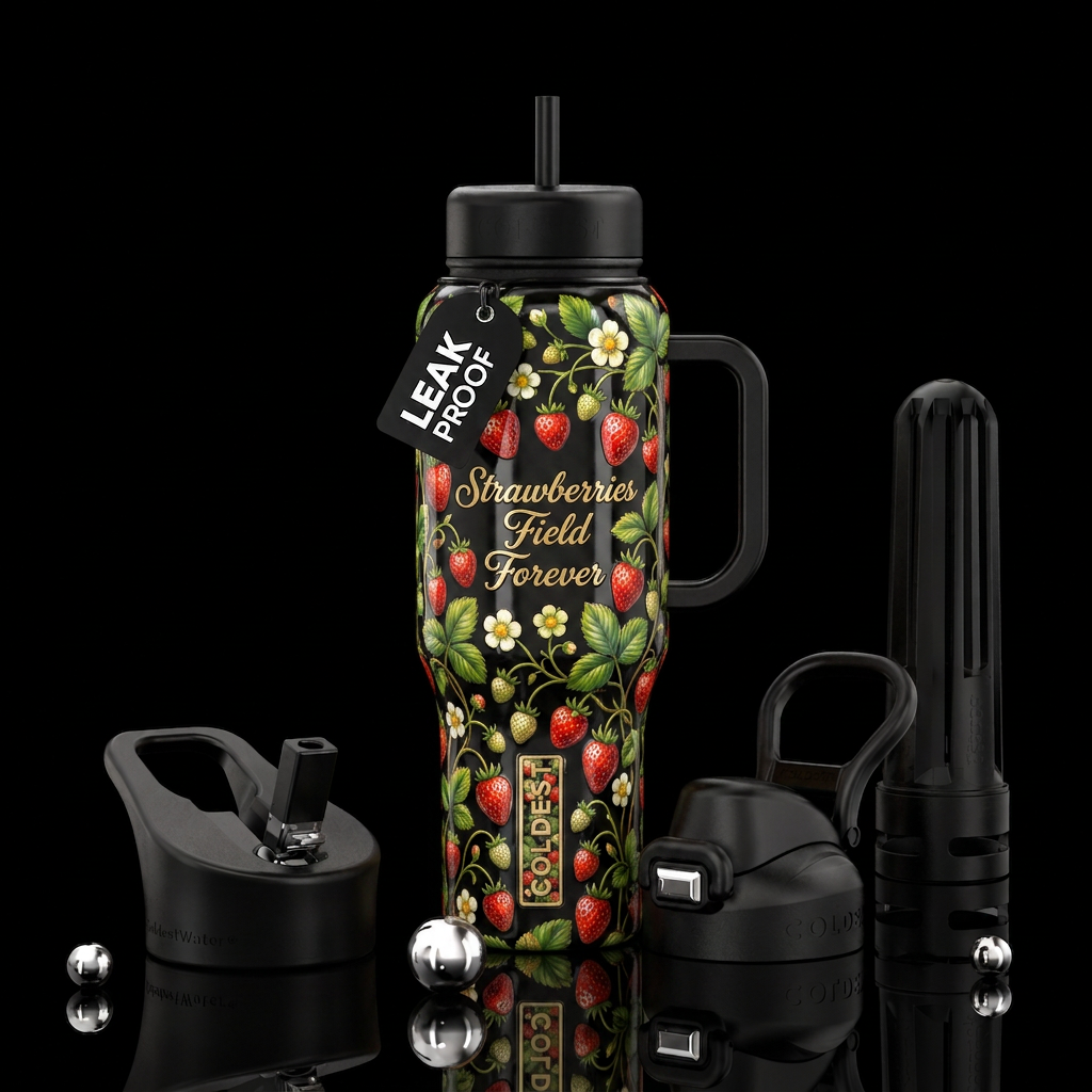straweberries field forever water bottle design
