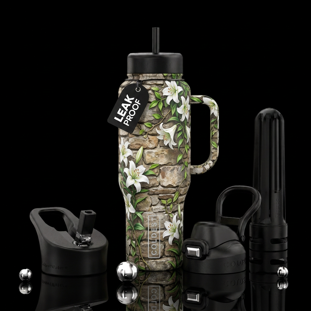 white lilly flowers on vines, surrounded on a ston... water bottle design
