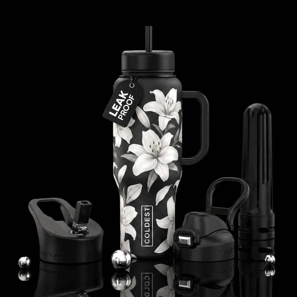 black cup with white lillies water bottle design