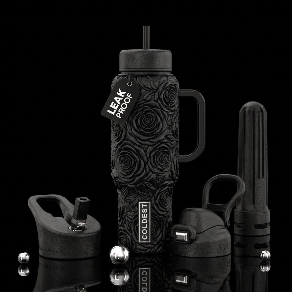 black cup with textured black roses water bottle design