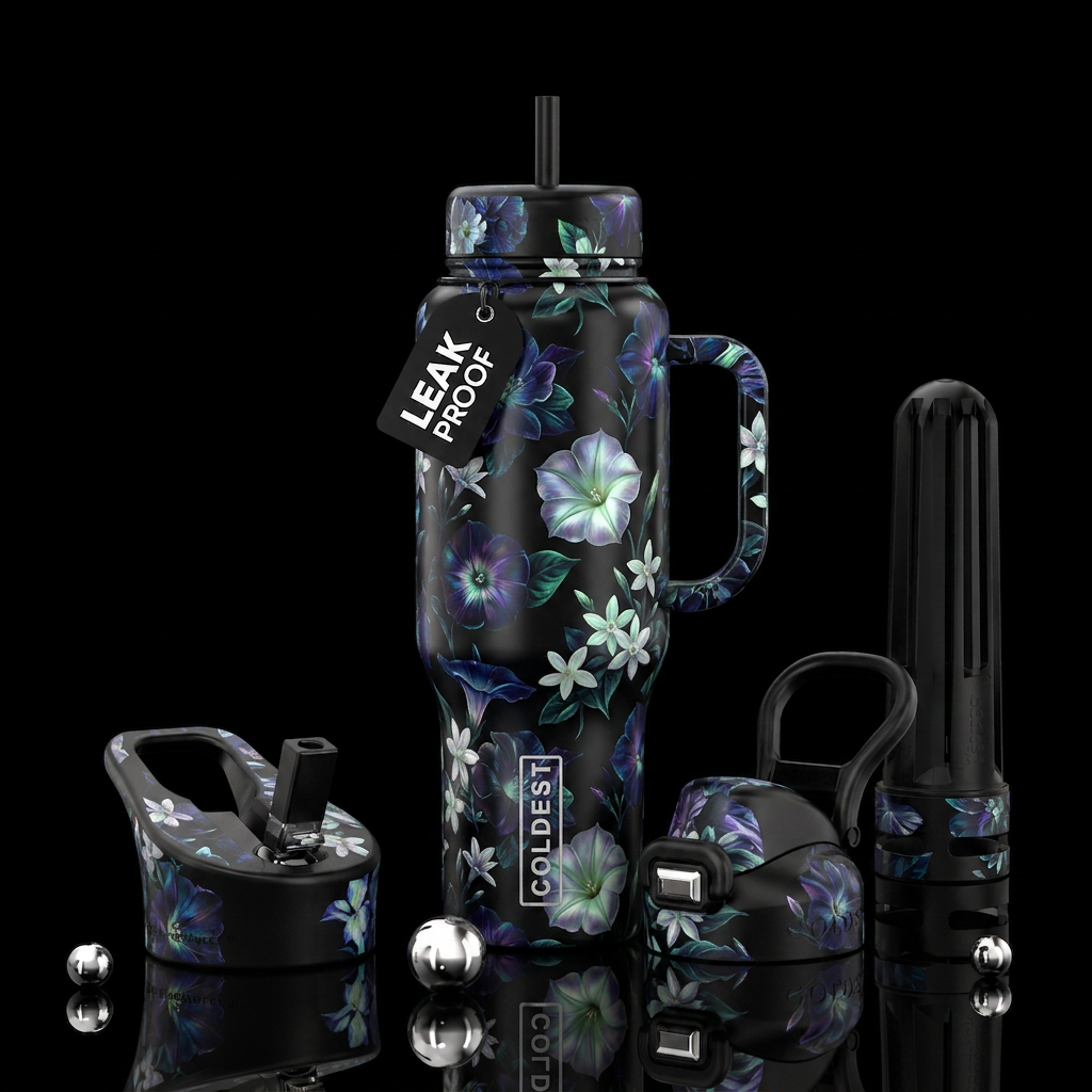 black cup with moonlight flowers water bottle design